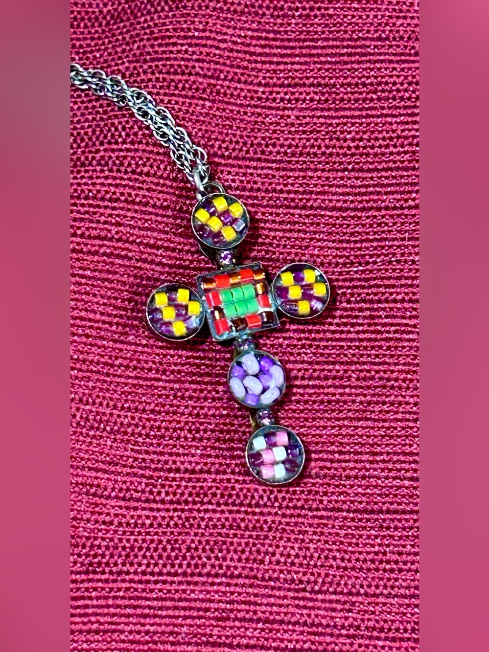 Ayala Bar Signed Mosaic Multicolor Cross Pendant Necklace Silver Tone Vintage